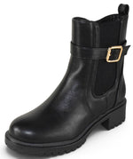 Berness Porcha Women's Ankle Booties Low Heel Lug Sole Chelsea Boots Side Zipper Gold Buckle Strap Casual Short Booties All-Day Comfort Black PU