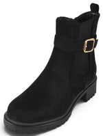 Berness Porcha Women's Ankle Booties Low Heel Lug Sole Chelsea Boots Side Zipper Gold Buckle Strap Casual Short Booties All-Day Comfort Black Suede
