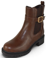 Berness Porcha Women's Ankle Booties Low Heel Lug Sole Chelsea Boots Side Zipper Gold Buckle Strap Casual Short Booties All-Day Comfort Brown PU