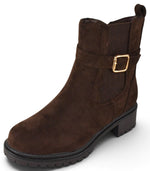 Berness Porcha Women's Ankle Booties Low Heel Lug Sole Chelsea Boots Side Zipper Gold Buckle Strap Casual Short Booties All-Day Comfort Brown Suede