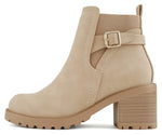 SODA Women Ankle Boots Block Heel Booties Side Zip Buckle Strap Lug Sole Round Toe Casual Western Fashion Shoes PUGGLE Beige Camel Suede