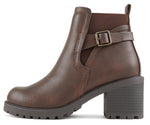 SODA Women Ankle Boots Block Heel Booties Side Zip Buckle Strap Lug Sole Round Toe Casual Western Fashion Shoes PUGGLE Dark Brown