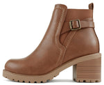 SODA Women Ankle Boots Block Heel Booties Side Zip Buckle Strap Lug Sole Round Toe Casual Western Fashion Shoes PUGGLE Tan Brown