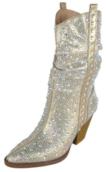 Forever Women’s Rhinestone Cowboy Boots – Sparkly Western Mid Calf Boots, Glitter Cowgirl Boots with Chunky Heel, Pointed Toe Bling Fashion Boots for Women RIVER-35 Champagne Gold