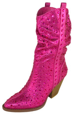 Forever Women’s Rhinestone Cowboy Boots – Sparkly Western Mid Calf Boots, Glitter Cowgirl Boots with Chunky Heel, Pointed Toe Bling Fashion Boots for Women RIVER-35 Hot Pink Fuchsia
