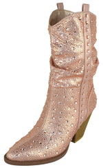 Forever Women’s Rhinestone Cowboy Boots – Sparkly Western Mid Calf Boots, Glitter Cowgirl Boots with Chunky Heel, Pointed Toe Bling Fashion Boots for Women RIVER-35 Rose Gold 