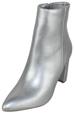 Berness Sara Women's Pointed Toe Ankle Boots High Block Heel Side Zipper Dressy Faux Leather Booties Evening Shoes Silver