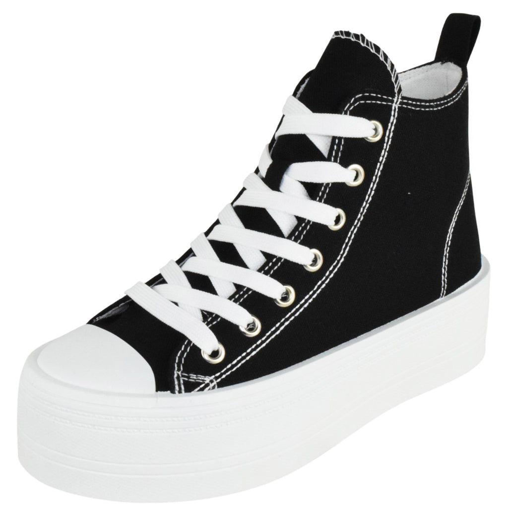 TOP MODA Women High Top Platform Sneakers Canvas Lace-Up Fashion Shoes Flatform Thick Sole Casual Streetwear Trainers SHERRY-1 Black