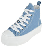 TOP MODA Women High Top Platform Sneakers Canvas Lace-Up Fashion Shoes Flatform Thick Sole Casual Streetwear Trainers SHERRY-1 Blue Denim