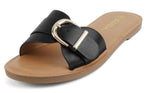 Soda Women’s Slide Sandals – Flat Slip-On Sandals with Gold Buckle Detail, Open Toe Casual Comfort Sandals SIRAN Black