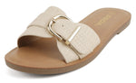 Soda Women’s Slide Sandals – Flat Slip-On Sandals with Gold Buckle Detail, Open Toe Casual Comfort Sandals SIRAN Natural Beige