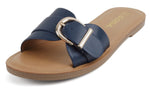 Soda Women’s Slide Sandals – Flat Slip-On Sandals with Gold Buckle Detail, Open Toe Casual Comfort Sandals SIRAN Navy Blue