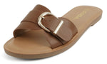 Soda Women’s Slide Sandals – Flat Slip-On Sandals with Gold Buckle Detail, Open Toe Casual Comfort Sandals SIRAN Tan Brown