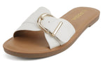 Soda Women’s Slide Sandals – Flat Slip-On Sandals with Gold Buckle Detail, Open Toe Casual Comfort Sandals SIRAN White