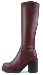 Soda Women Block Chunky Heel Knee High Boots Platform Side Zipper SONIA-H Wine Burgundy