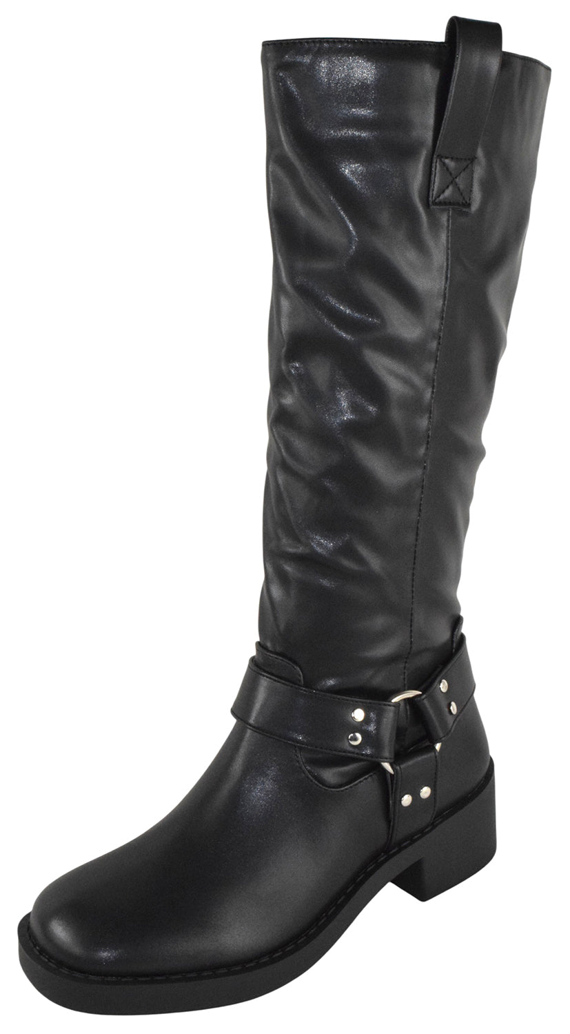 Berness Women Knee High Boots Buckle Strap Riding Side Zippers Short Block Heel SPENCER Black