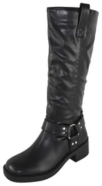 Berness Women Knee High Boots Buckle Strap Riding Side Zippers Short Block Heel SPENCER Black