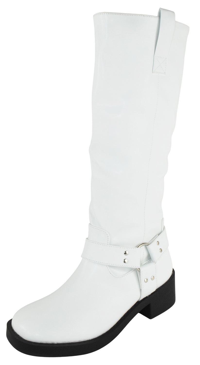 Berness Women Knee High Boots Buckle Strap Riding Side Zippers Short Block Heel SPENCER White