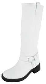 Berness Women Knee High Boots Buckle Strap Riding Side Zippers Short Block Heel SPENCER White