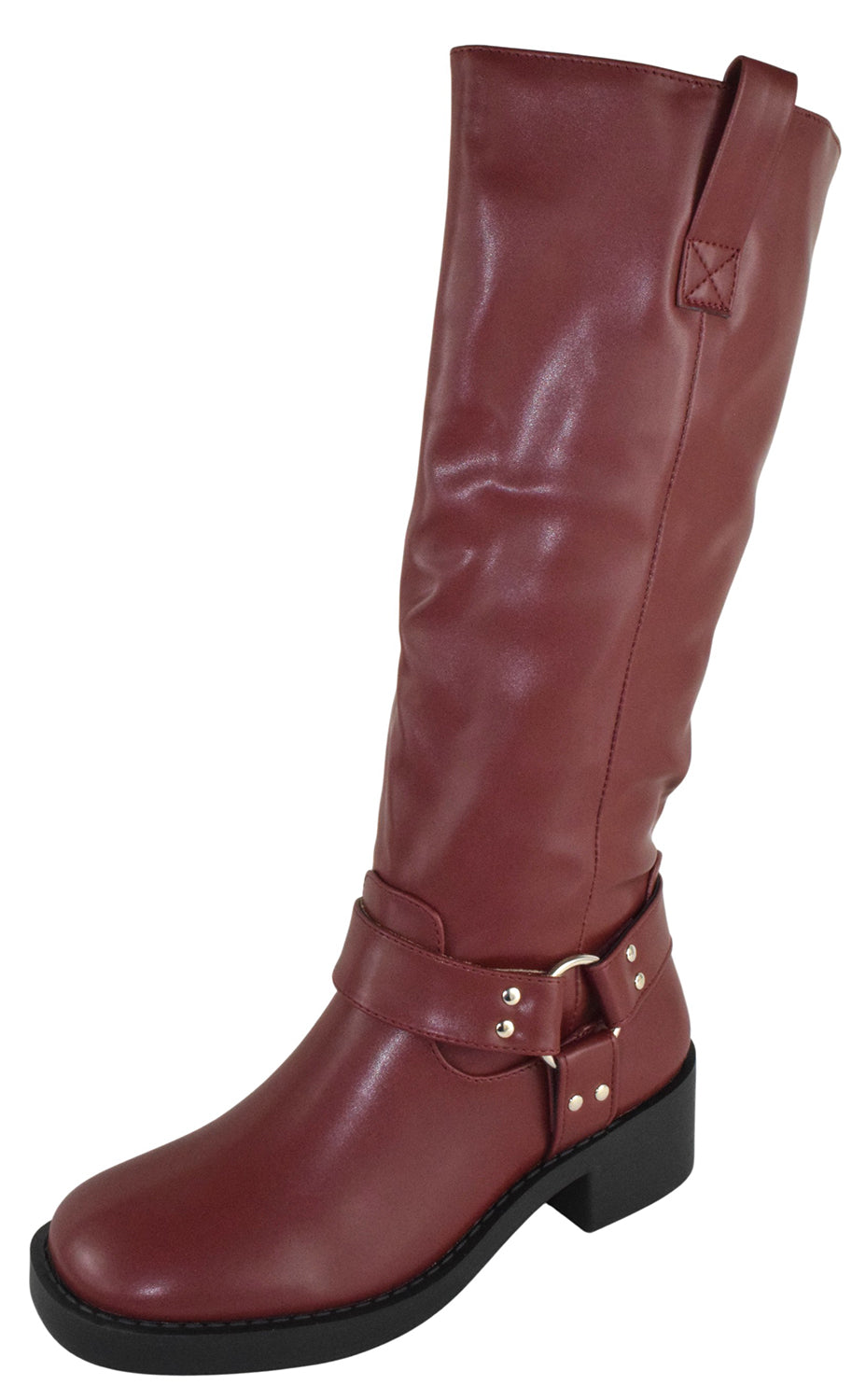 Berness Women Knee High Boots Buckle Strap Riding Side Zippers Short Block Heel SPENCER Wine Burgundy