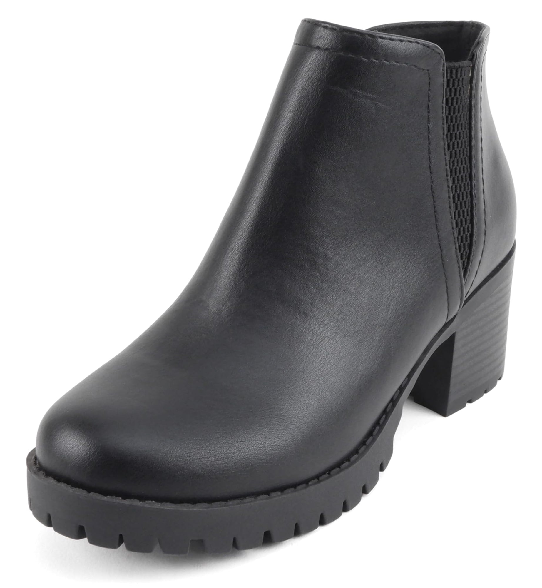 Soda Women Ankle Boots Chunky Lug Sole Side Zipper Short Block Heel Elastic V Cut Booties THUMB-S Black PU