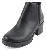 Soda Women Ankle Boots Chunky Lug Sole Side Zipper Short Block Heel Elastic V Cut Booties THUMB-S Black PU