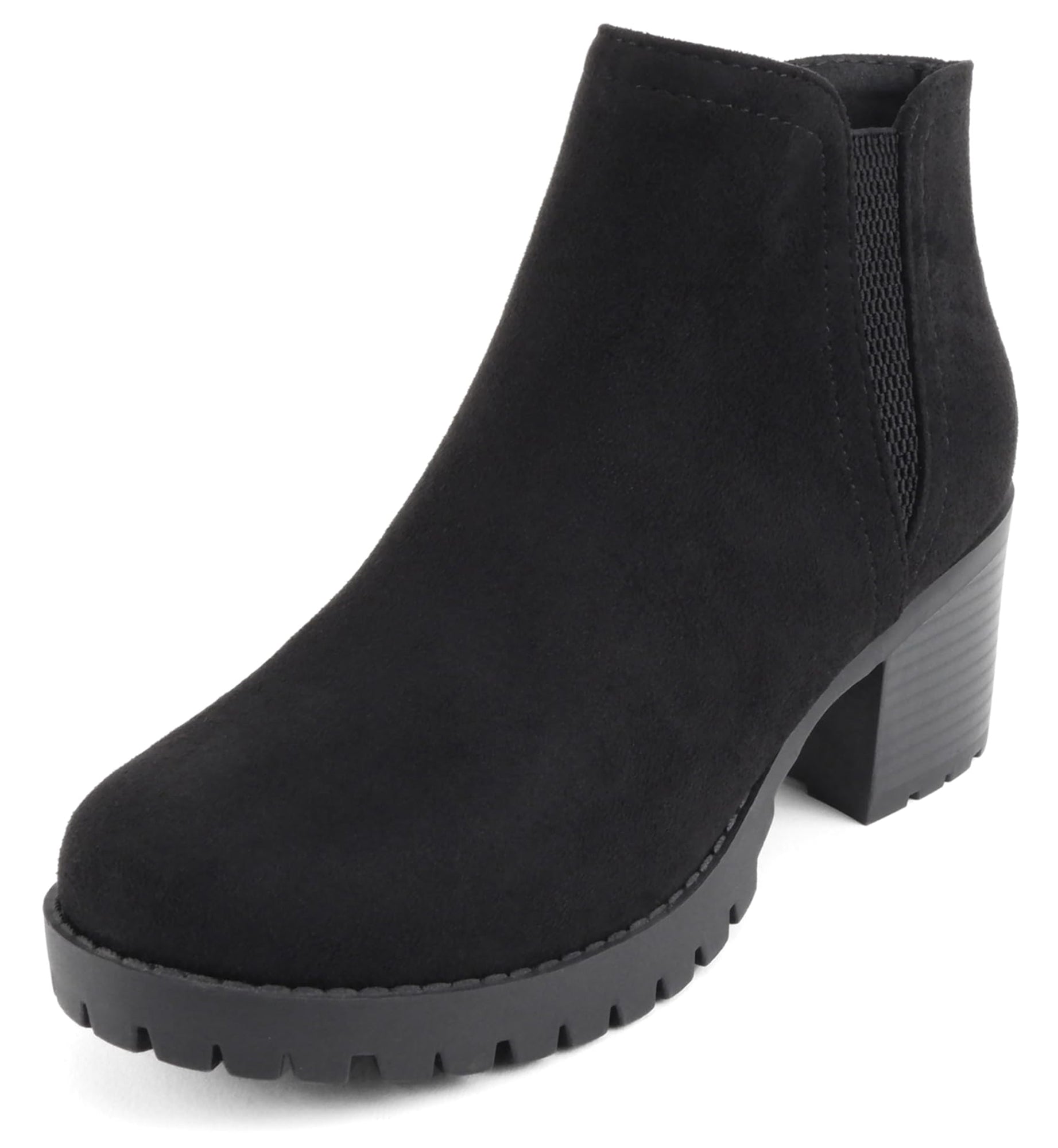 Soda Women Ankle Boots Chunky Lug Sole Side Zipper Short Block Heel Elastic V Cut Booties THUMB-S Black Suede