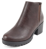 Soda Women Ankle Boots Chunky Lug Sole Side Zipper Short Block Heel Elastic V Cut Booties THUMB-S Brown PU