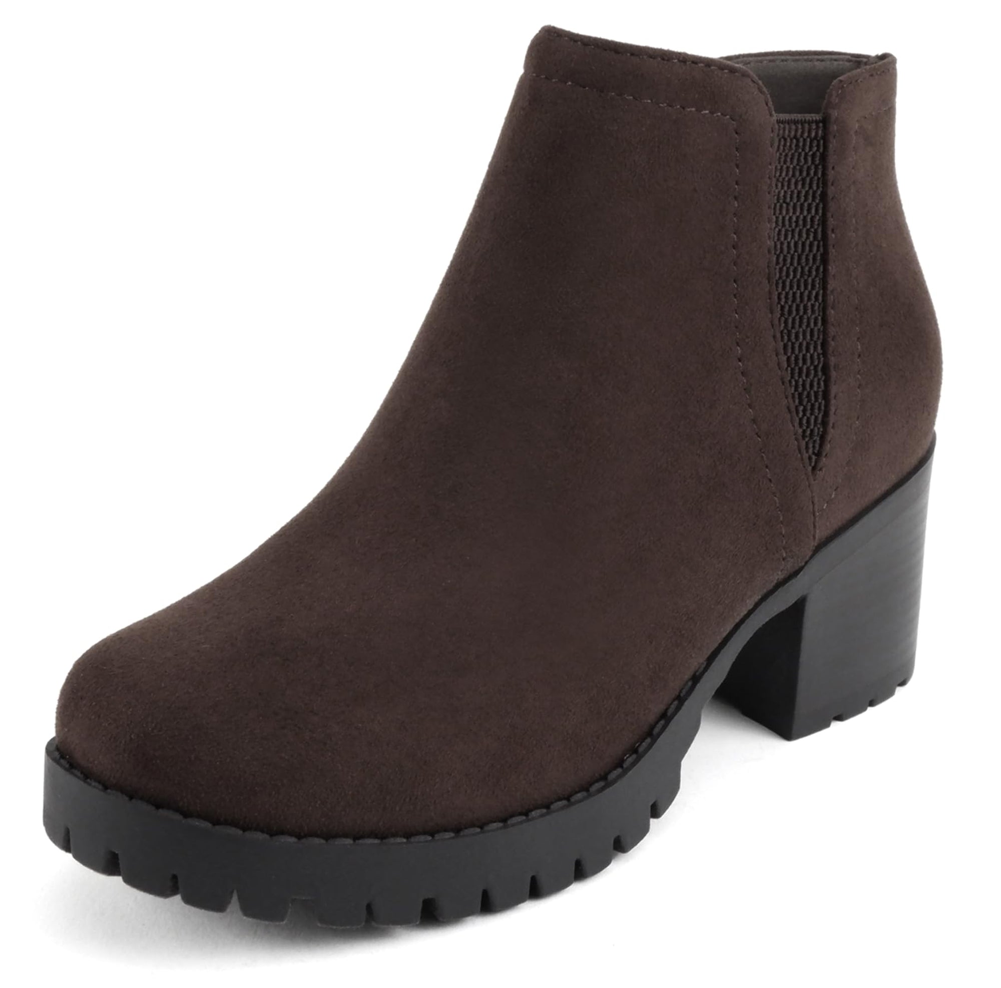 Soda Women Ankle Boots Chunky Lug Sole Side Zipper Short Block Heel Elastic V Cut Booties THUMB-S Tobacco Suede