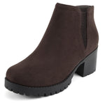 Soda Women Ankle Boots Chunky Lug Sole Side Zipper Short Block Heel Elastic V Cut Booties THUMB-S Tobacco Suede