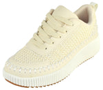 La Sheelah Women Knitted Low Top Patchwork Fashion Sneaker Casual Lace-Up Comfort Walking Shoes Lightweight Platform Sole Trendy Woven Design TIMELESS-12 Beige