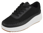 La Sheelah Women Knitted Low Top Patchwork Fashion Sneaker Casual Lace-Up Comfort Walking Shoes Lightweight Platform Sole Trendy Woven Design TIMELESS-12 Black/White