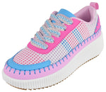 La Sheelah Women Knitted Low Top Patchwork Fashion Sneaker Casual Lace-Up Comfort Walking Shoes Lightweight Platform Sole Trendy Woven Design TIMELESS-12 Fuchsia Pink