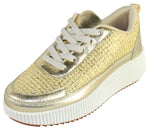 La Sheelah Women Knitted Low Top Patchwork Fashion Sneaker Casual Lace-Up Comfort Walking Shoes Lightweight Platform Sole Trendy Woven Design TIMELESS-12 Gold