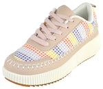 La Sheelah Women Knitted Low Top Patchwork Fashion Sneaker Casual Lace-Up Comfort Walking Shoes Lightweight Platform Sole Trendy Woven Design TIMELESS-12 Beige Nude