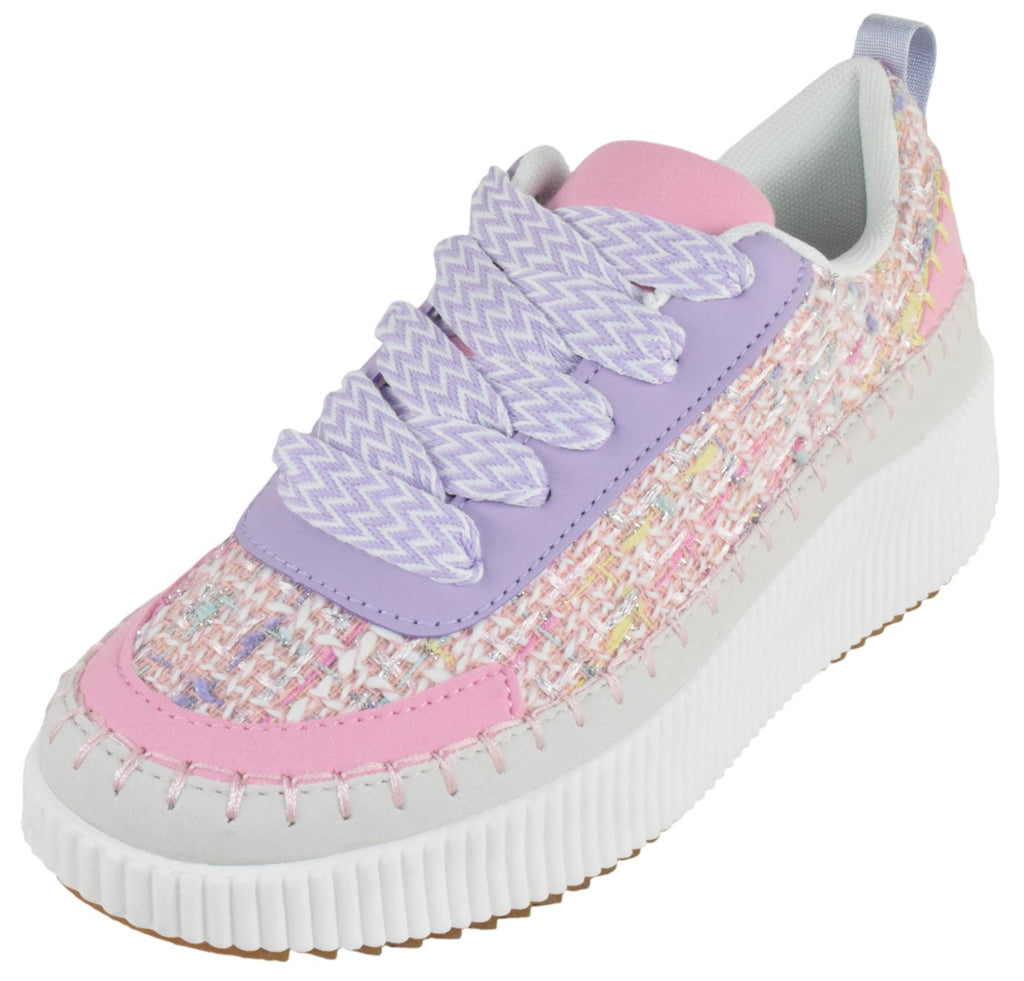 La Sheelah Women Knitted Low Top Patchwork Fashion Sneaker Casual Lace-Up Comfort Walking Shoes Lightweight Platform Sole Trendy Woven Design TIMELESS-12 Pink Purple