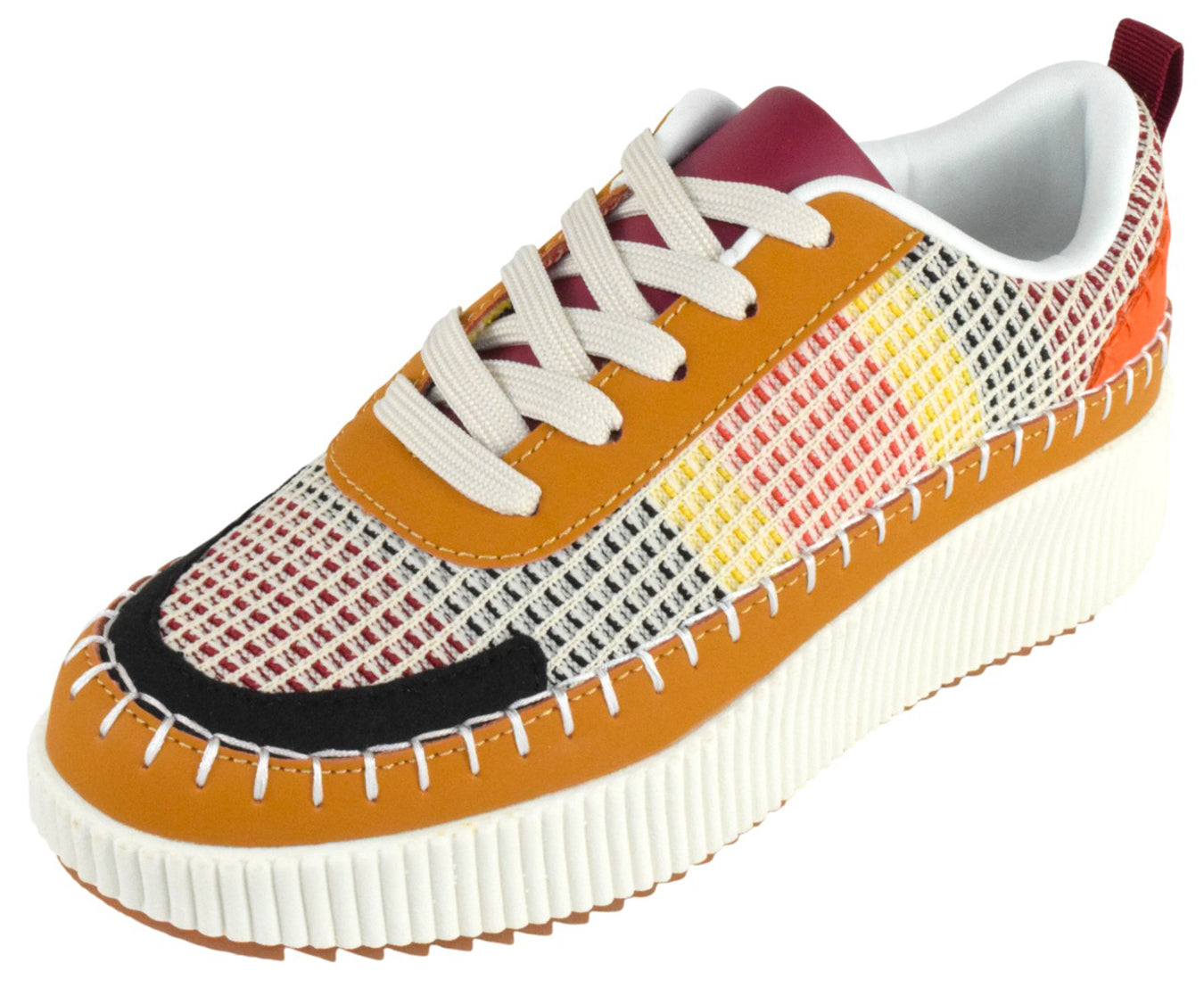 La Sheelah Women Knitted Low Top Patchwork Fashion Sneaker Casual Lace-Up Comfort Walking Shoes Lightweight Platform Sole Trendy Woven Design TIMELESS-12 Tan Brown