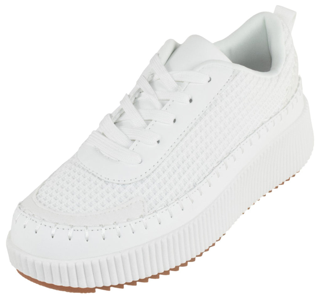 La Sheelah Women Knitted Low Top Patchwork Fashion Sneaker Casual Lace-Up Comfort Walking Shoes Lightweight Platform Sole Trendy Woven Design TIMELESS-12 White