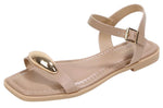 Berness Women’s Ankle Strap Sandals – Gold Hardware Accent, Square Open Toe, Cushioned Footbed, Lightweight Flat Sandals TRISTAN Beige