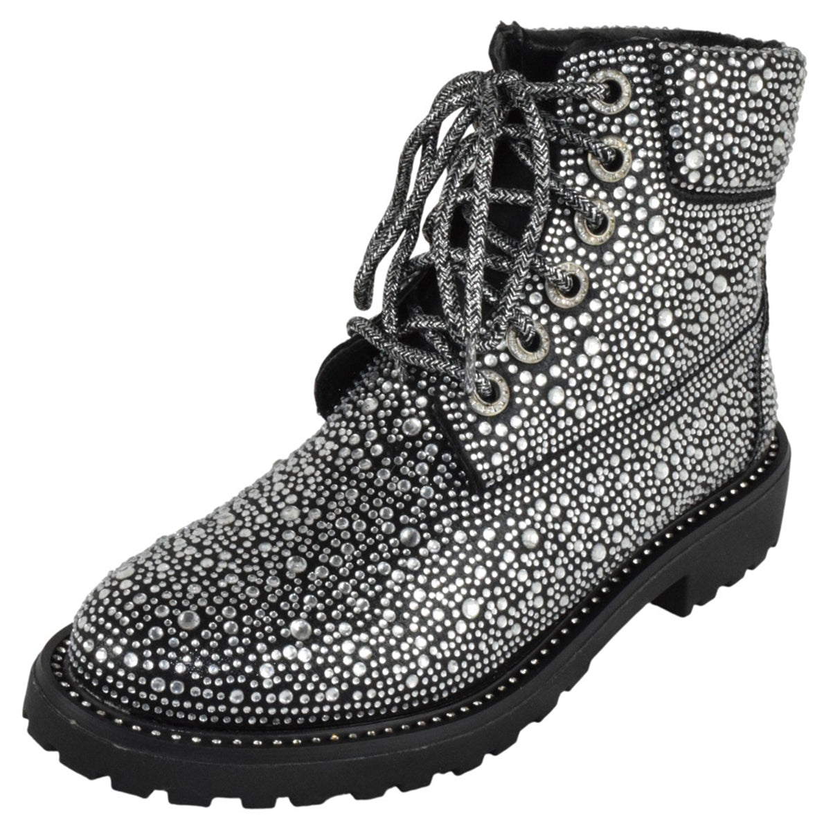 Forever Women Rhinestone Studded Bling Ankle Combat Boots Round Toe Sparkly Fashion Party Booties Lace Up WONDERFUL-8 Black