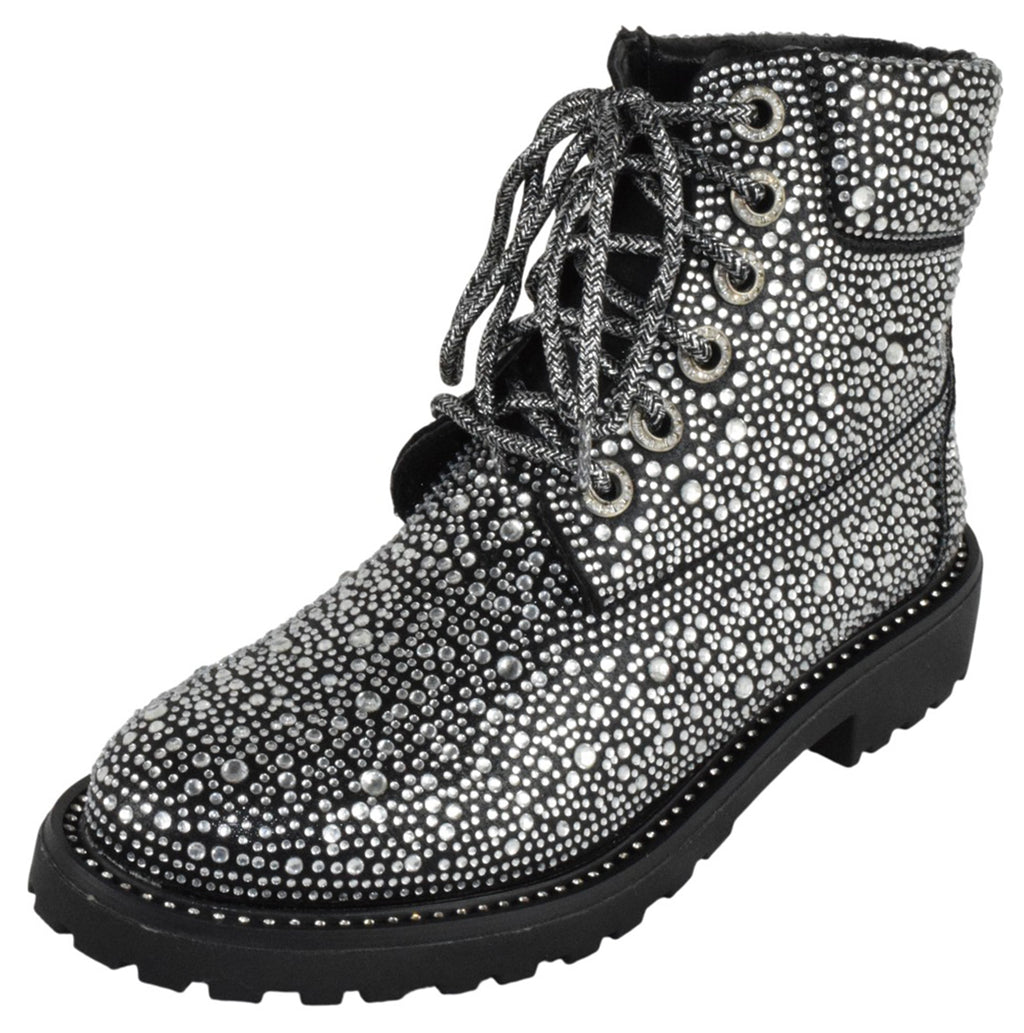 Forever Women Rhinestone Studded Bling Ankle Combat Boots Round Toe Sparkly Fashion Party Booties Lace Up WONDERFUL-8 Black