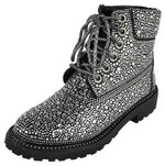 Forever Women Rhinestone Studded Bling Ankle Combat Boots Round Toe Sparkly Fashion Party Booties Lace Up WONDERFUL-8 Black
