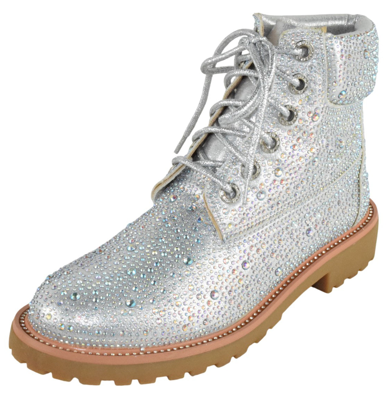 Forever Women Rhinestone Studded Bling Ankle Combat Boots Round Toe Sparkly Fashion Party Booties Lace Up WONDERFUL-8 Silver