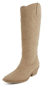 Soda Women Knee High Cowboy Boots Western Embroidered Pointed Toe Block Heel Fashion Cowgirl Boots ZAHARA Beige Camel