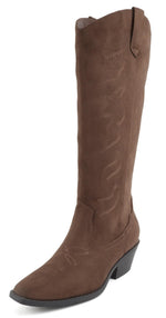 Soda Women Knee High Cowboy Boots Western Embroidered Pointed Toe Block Heel Fashion Cowgirl Boots ZAHARA Chocolate Brown
